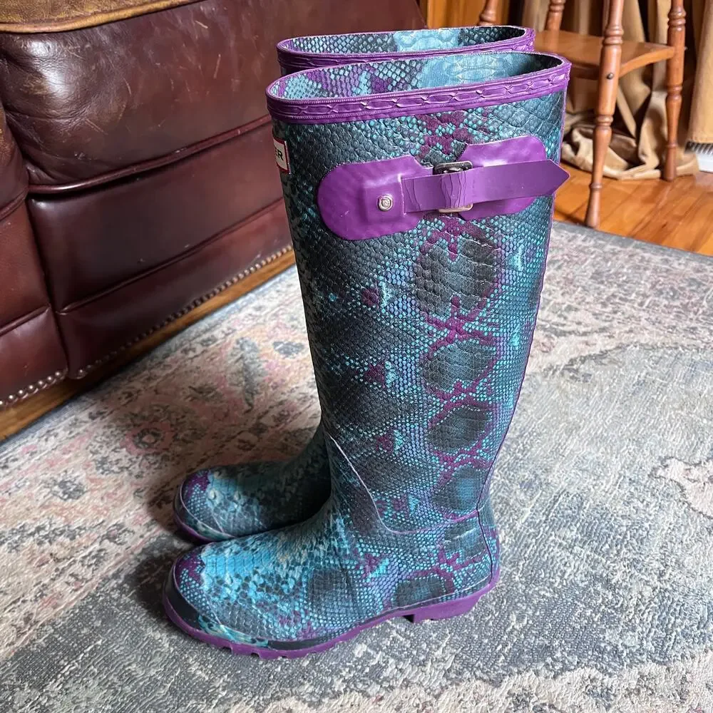 Hunter Carnaby Knee High Wellington Boots Snake Print Purple Teal Size Women's 9